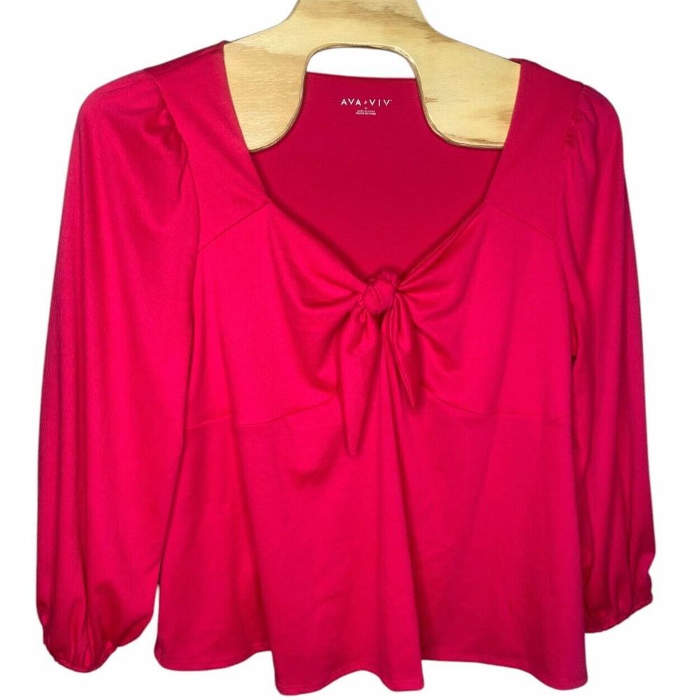 Ava & Viv blouse size 3XL Tie Front balloon Long Sleeve hot Pink flowy pleated